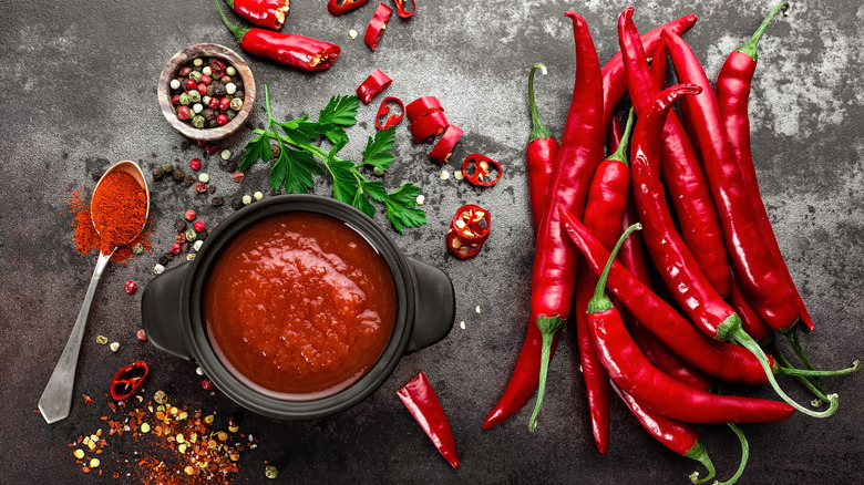 Red chilies, pepper, and sauce