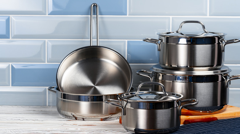 Assorted pots and pans on a countertop