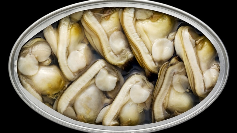 Top-down view of an open tin of canned clams