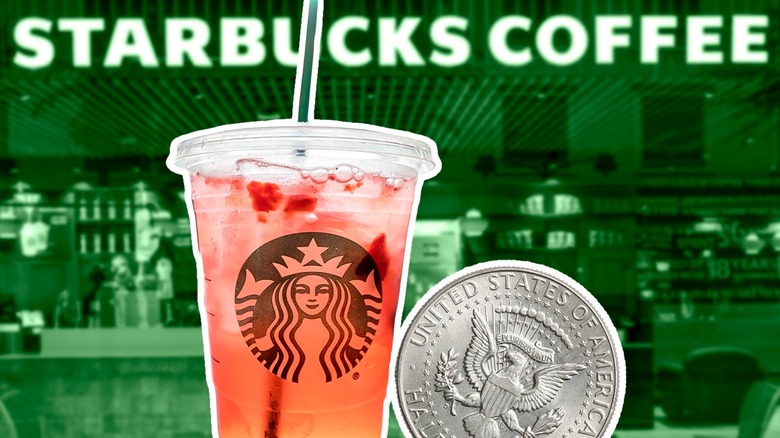 A strawberry Starbucks drink and a quarter with a green Starbucks background