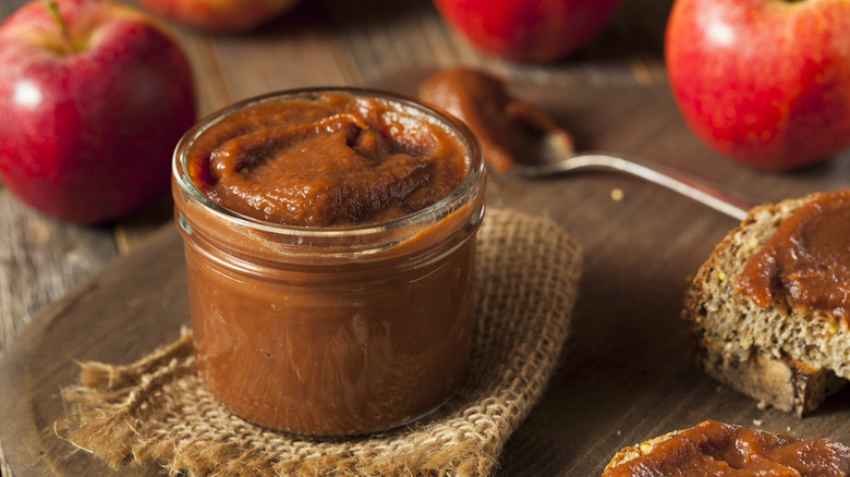 jar of apple butter with bread