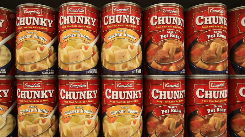 Two rows of cans of Campbell's "Chunky" soup stacked on top of each other
