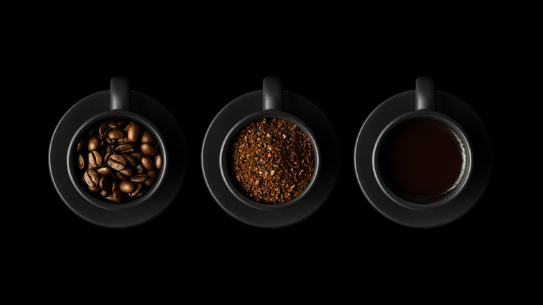 coffee beans, coffee grounds, and brewed coffee