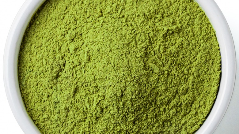Close-up overview of matcha powder in bowl 