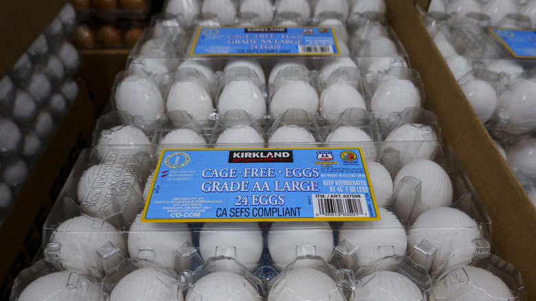 Cartons of Kirkland Signature cage-free eggs on display at a Costco warehouse