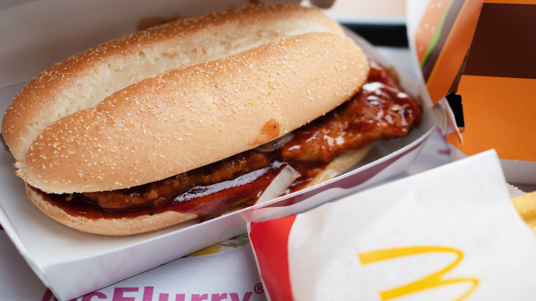 McRib sandwich at McDonald's with fries