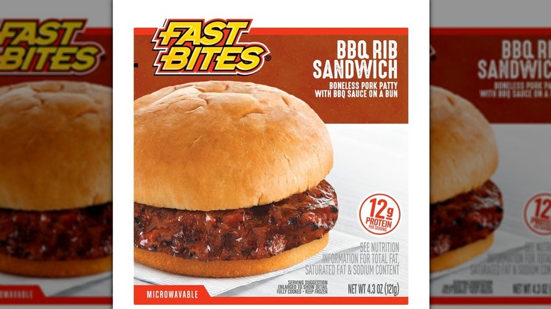 A box of Fast Bites brand BBQ rib sandwiches with a picture of the barbecue rib sandwich on a bun