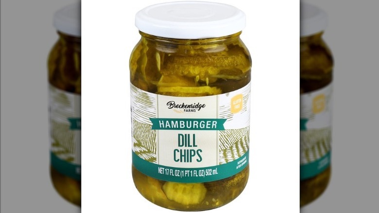 Breckenridge Farms hamburger dill pickle chips in a glass jar