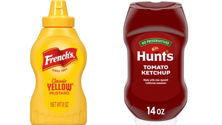 French's yellow mustard beside Hunt's tomato ketchup