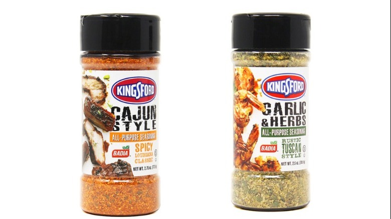 Kingford Cajun style and garlic and herbs all-purpose seasonings in bottles