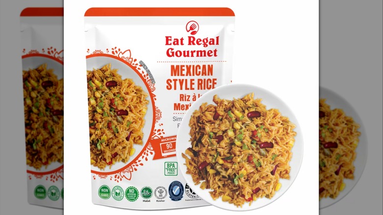 A pouch of ready-to-eat Mexican rice next to a plate displaying the cooked dish.