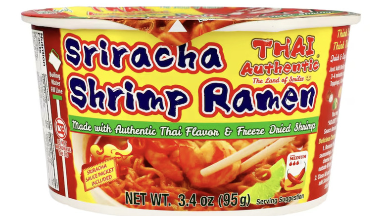 Product image of a colorful Sriracha Shrimp Ramen cup.