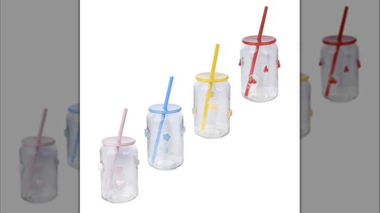 Four Designer Glass Tumblers from Dollar Tree in red cherry, blue flower, yellow flower, and pink heart designs