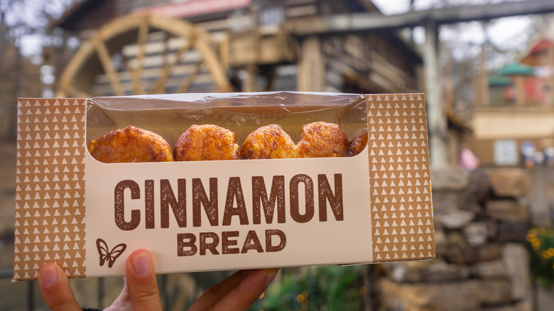 A person holding a package of Dollywood cinnamon bread outside the theme park's grist mill