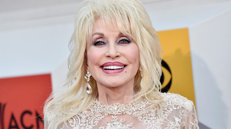 Dolly Parton in a white dress
