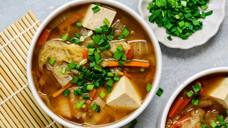A bowl of cabbage tofu soup