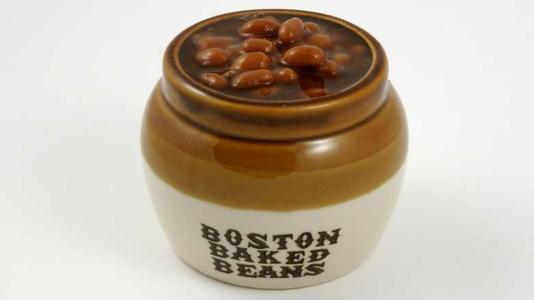 Boston baked beans in a labeled pot