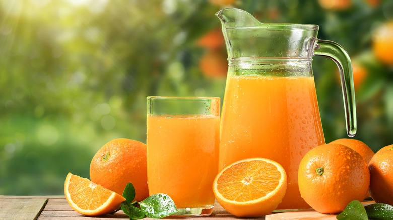 Pitcher and glasses of orange juice in orange grove