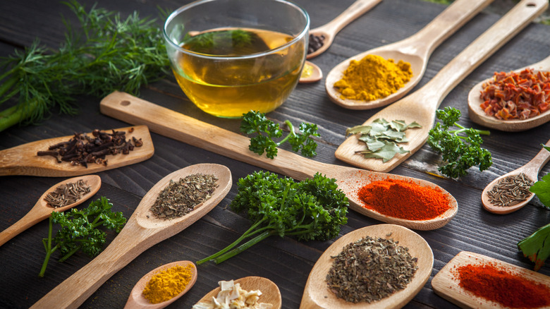 Different seasonings and olive oil