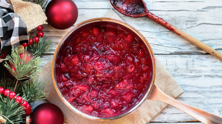Making cranberry sauce in pan