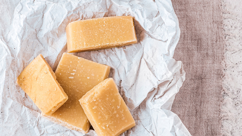 Parmesan cheese rinds on table
