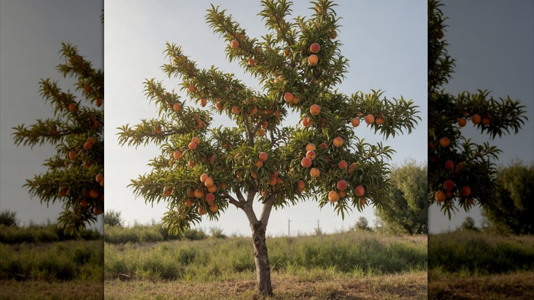 A fruiting peach tree outside