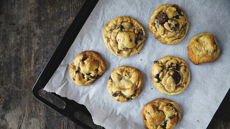 Fresh chocolate chip cookies on baking sheet