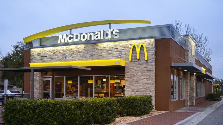 Night Closeup View of McDonald's Restaurant Building Exterior
