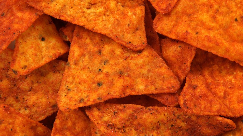 Top-down closeup of orange Doritos chips