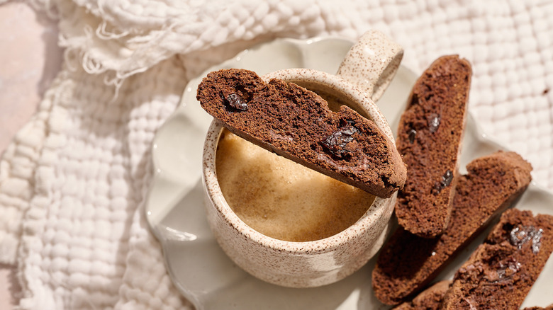 chocolate biscotti on a coffee mug