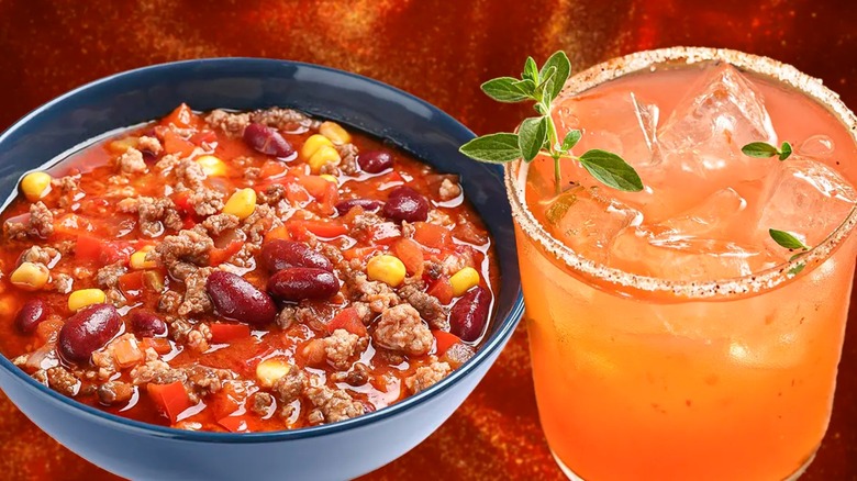Bowl of chili and paloma cocktail