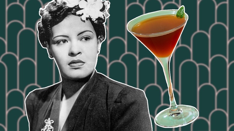 Black and white photo of Billie Holiday next to a Stinger cocktail