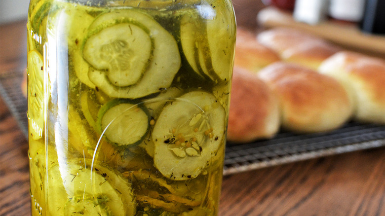 closeup jar of pickles
