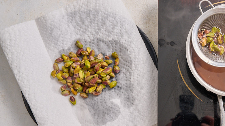 draining pistachios on a paper towel
