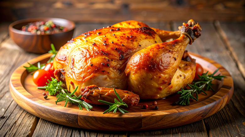 roasted whole chicken on a wooden platted garnished with rosemary and tomatoes