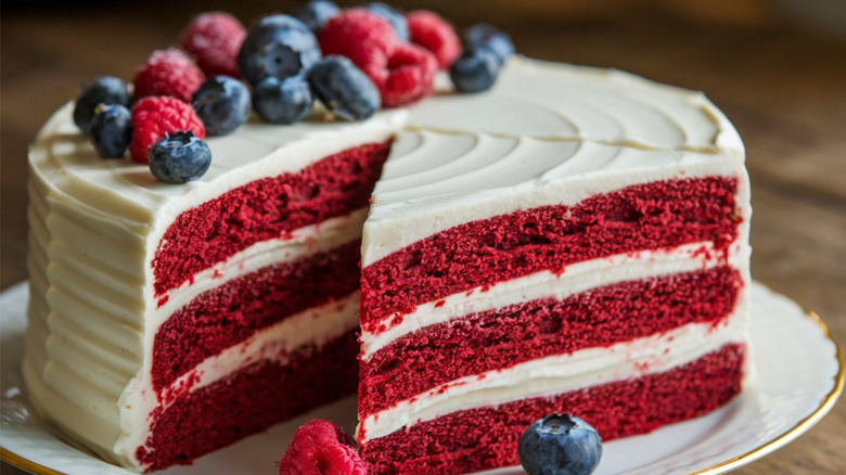 Rich red velvet cake topped with cream cheese frosting and berries