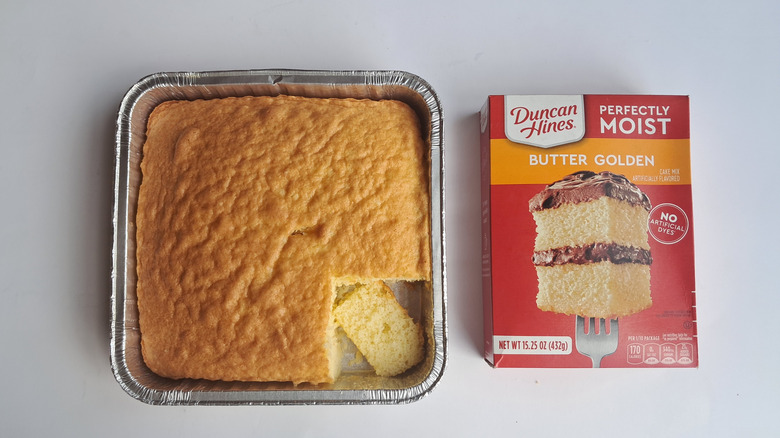 butter golden cake and box of cake mix