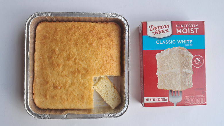 White cake and box of cake mix