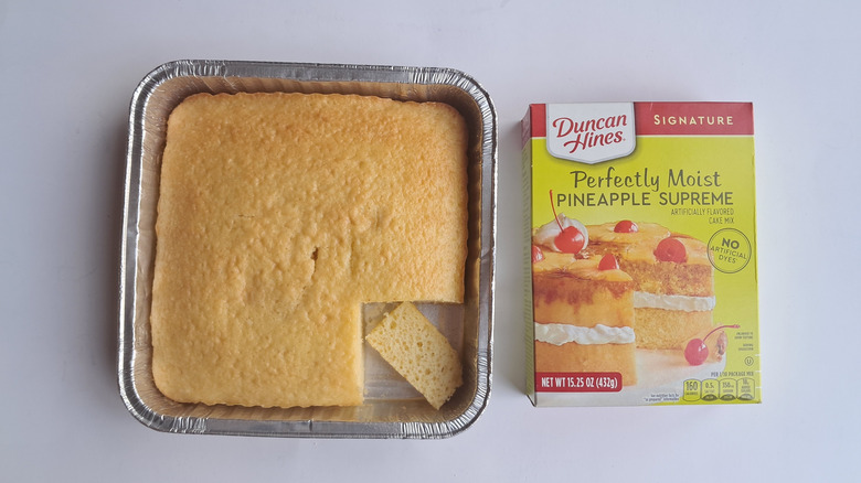 pinapple cake and box of cake mix