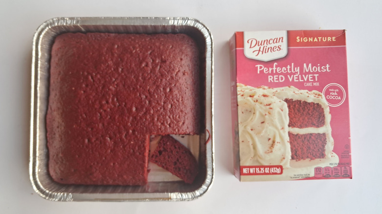 Cake mix box and red velvet cake