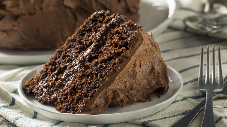 slice of chocolate cake on white plate