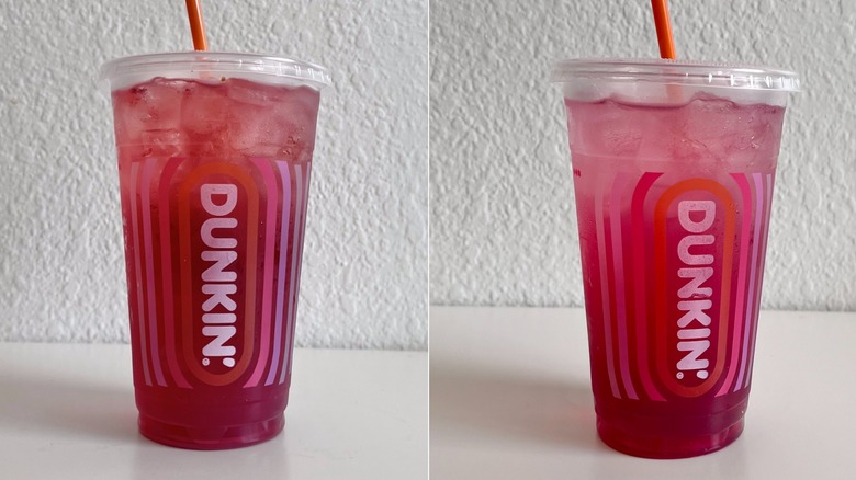 Split image featuring Dunkin's Black Cherry Refresher on the left side and Dunkin's Cherry Lime Rickey Refresher on the right