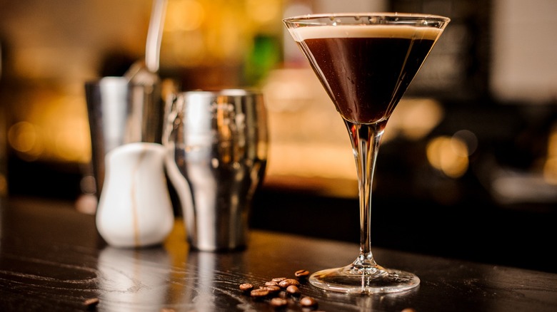 An espresso martini on a bartop