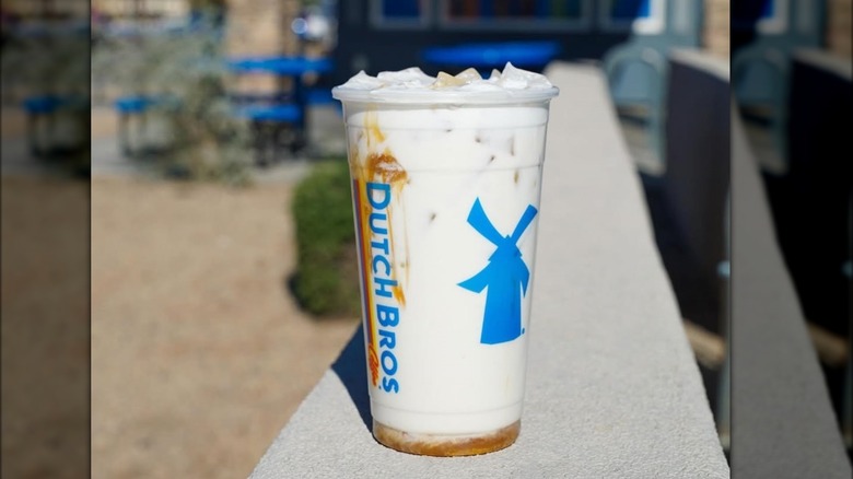 iced vanilla white coffee Breve with caramel drizzle from Dutch Bros