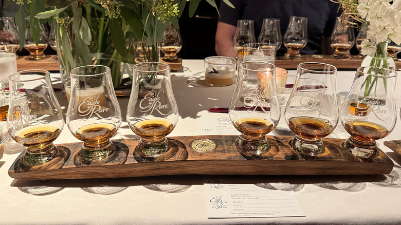 Full Eagle Rare lineup, 10, 12, 17, 20, 25, and 30 years in glencairn glasses