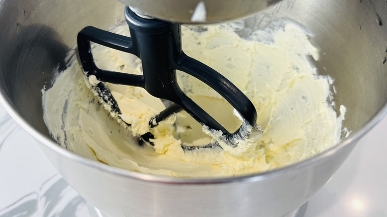 butter mixture in a stand mixer bowl