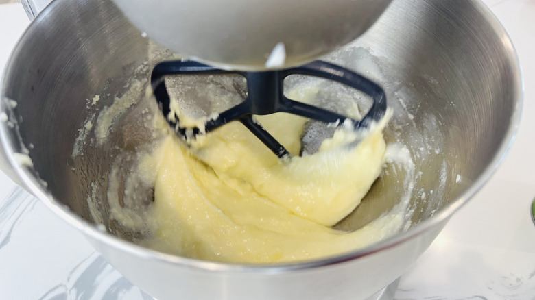 butter mixture in a stand mixer bowl