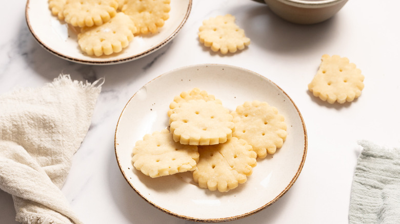 Overhead view of shortbread cookies on plate.