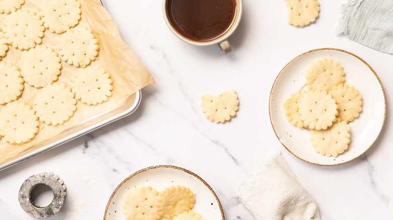 Overhead view of shortbread cookies on table.