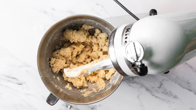 Cookie batter in standing mixer